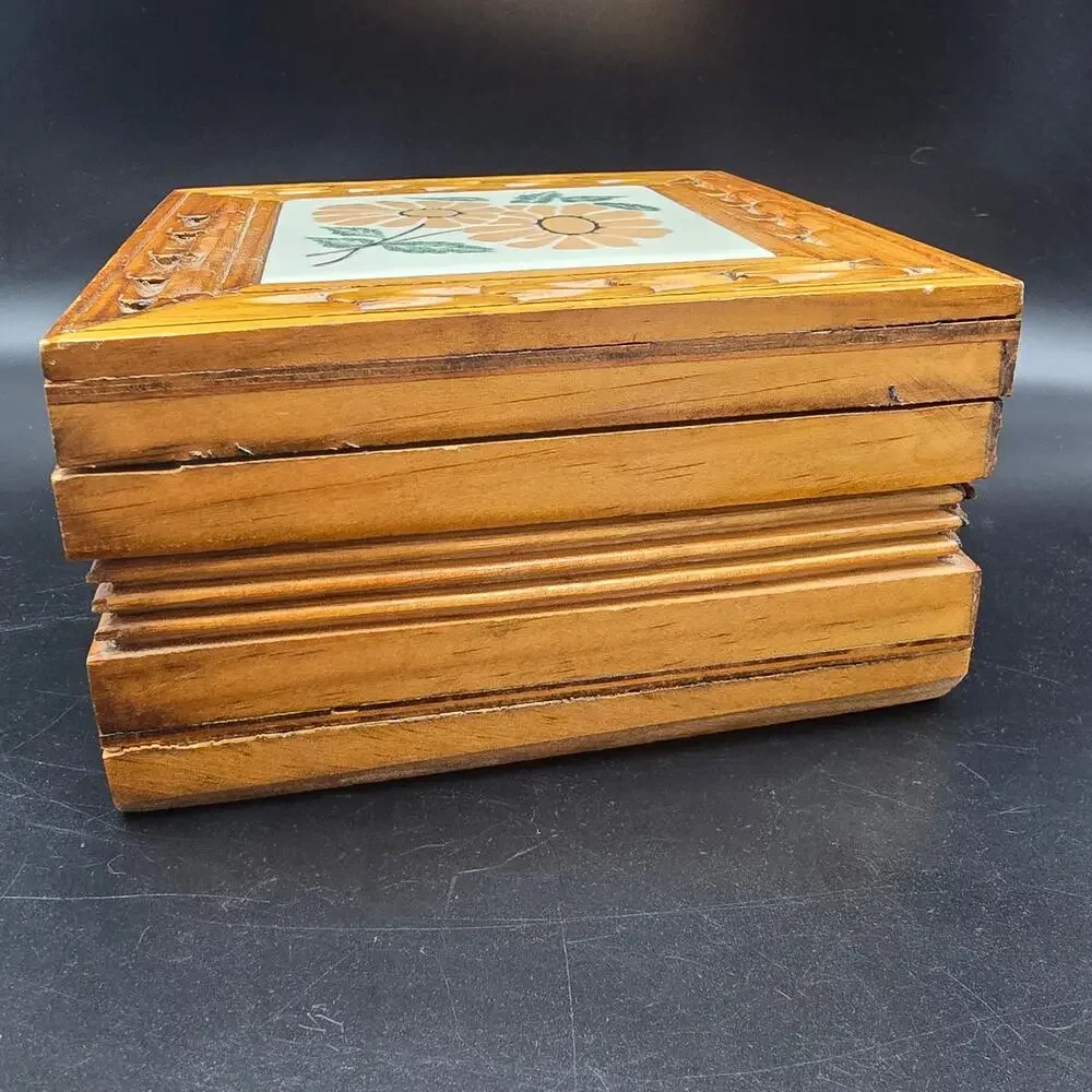 Vintage Floral Tile Wood Box Jewelry Box Trinket Box 1970s
